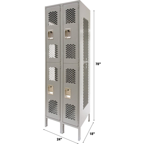Vented Lockers, 2 -tier, Bank of 2, 24" x 18" x 78", Steel, Grey, Knocked Down, Perforated NTL Industrial