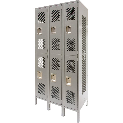 Vented Lockers, 2 -tier, Bank of 3, 36" x 18" x 78", Steel, Grey, Knocked Down, Perforated NTL Industrial