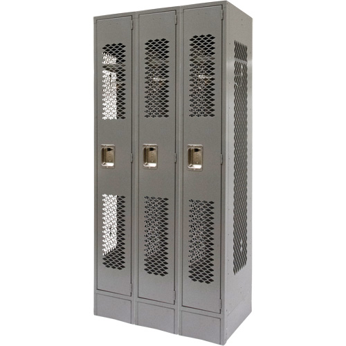 Vented Lockers, Bank of 3, 36 x 18" x 78", Steel, Grey, Knocked Down, Perforated NTL Industrial