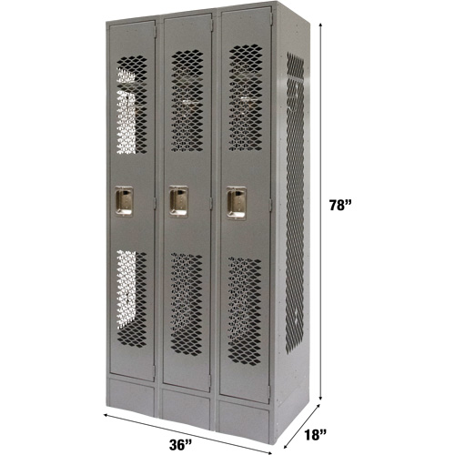 Vented Lockers, Bank of 3, 36 x 18" x 78", Steel, Grey, Knocked Down, Perforated NTL Industrial