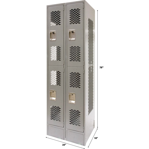 Vented Lockers, 2 -tier, Bank of 2, 24" x 18" x 78", Steel, Grey, Knocked Down, Perforated NTL Industrial