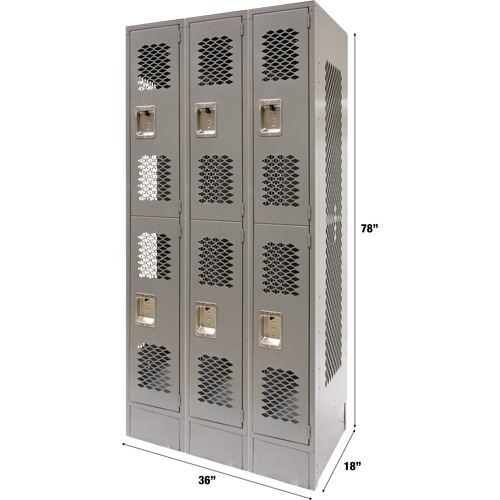 Vented Lockers, 2 -tier, Bank of 3, 36 x 18" x 78", Steel, Grey, Knocked Down, Perforated NTL Industrial