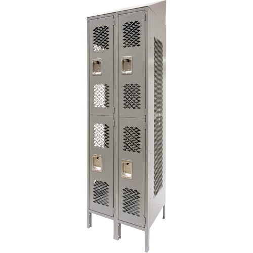 Vented Lockers, 2 -tier, Bank of 2, 24" x 18" x 88", Steel, Grey, Knocked Down, Perforated NTL Industrial
