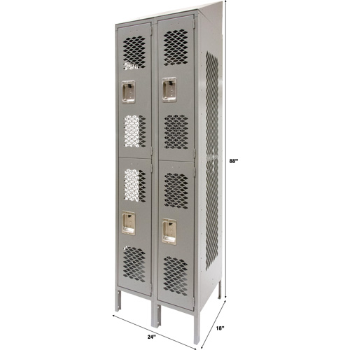Vented Lockers, 2 -tier, Bank of 2, 24" x 18" x 88", Steel, Grey, Knocked Down, Perforated NTL Industrial