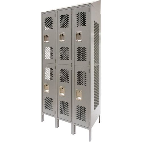 Vented Lockers, 2 -tier, Bank of 3, 36 x 18" x 88", Steel, Grey, Knocked Down, Perforated NTL Industrial