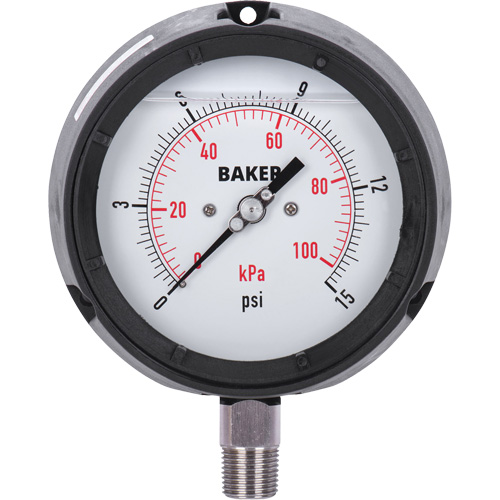 Pressure Gauge, 4-1/2" , 0 - 15 psi/0 - 100 kPa, Bottom Mount, Liquid Filled Analogue NTL Industrial
