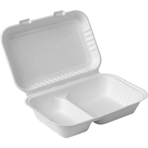Contenants &agrave; charni&egrave;re pour nourriture compostable avec compartiments, Bagasse, Rectangulaire NTL Industrial