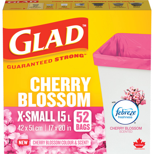 Glad&reg; Cherry Blossom Coloured & Scented Bags, Strong, 17" W x 20" L, Pink, 15 L (3.96 Gal.) Capacity NTL Industrial
