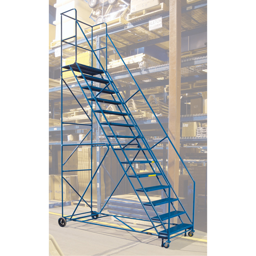 CSA-Certified Rolling Step Ladder with Locking Step, 14 Steps, 30" Step Width, 128" Platform Height, Steel NTL Industrial
