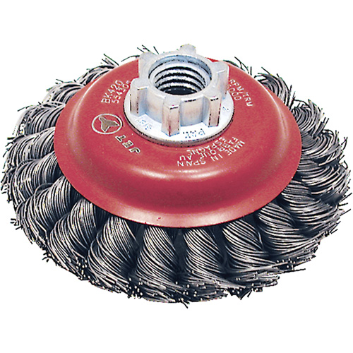 Brosse conique &agrave; fils torsad&eacute;s BK420T, Dia. 4", Fils 0,02", Arbre 5/8"-11, Acier NTL Industrial