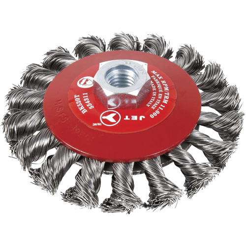Brosse conique &agrave; fils nou&eacute;s torsad&eacute;s, Dia. 6", Fils 0,02", Arbre 5/8"-11, Acier NTL Industrial