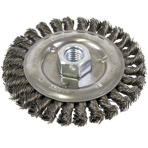 Brosse filet&eacute;e &agrave; fils nou&eacute;s et face standard, Dia. 5", Fils 0,022", Arbre 5/8"-11, Acier NTL Industrial