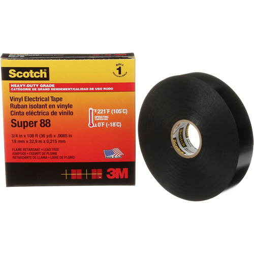 Ruban isolant Super 88 de calibre professionnel Scotch, 19 mm (3/4") la x 32,9 m (108') lo, 8,5 mils, Noir NTL Industrial