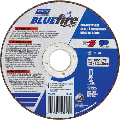 Meule a tronconner BlueFire, 4-1/2" x 0,045"/1/16", Arbre de 7/8", Type 01/41, Oxyde d'aluminium/Zirconium, 13580 Tr/min NTL Industrial