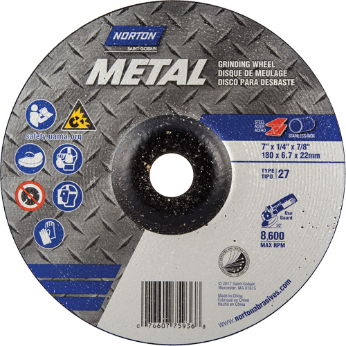 Depressed Centre Metal Grinding Wheels, 7" x 1/4", 7/8" Arbor, Aluminum Oxide, Type 27 NTL Industrial