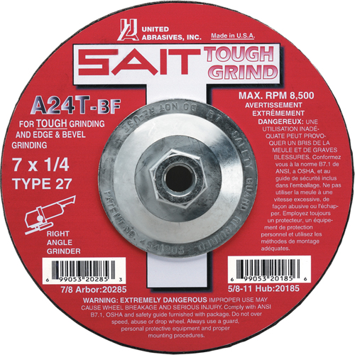 Meule A24T Tough Grind, 4-1/2" x 1/4", Arbre 7/8", Oxyde d'aluminium, Type 27 NTL Industrial