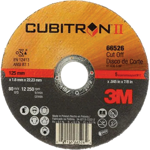 Meules &agrave; tronçonner Cubitron II, 5" x 0,045"/0,05", Arbre de 7/8", Type 1, C&eacute;ramique, 12250 Tr/min NTL Industrial
