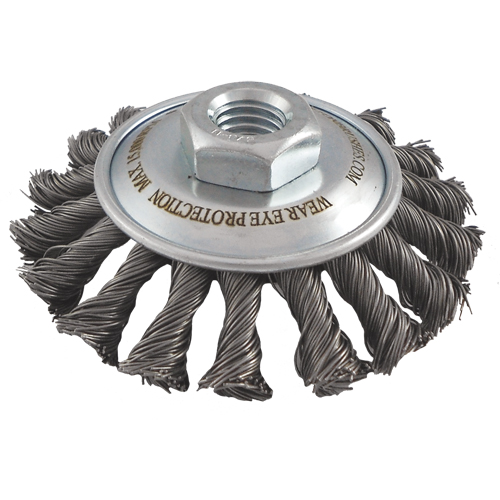 Brosses soucoupes &agrave; fils nou&eacute;s, Dia. 4", Fils 0,02", Arbre 5/8"-11, Acier NTL Industrial