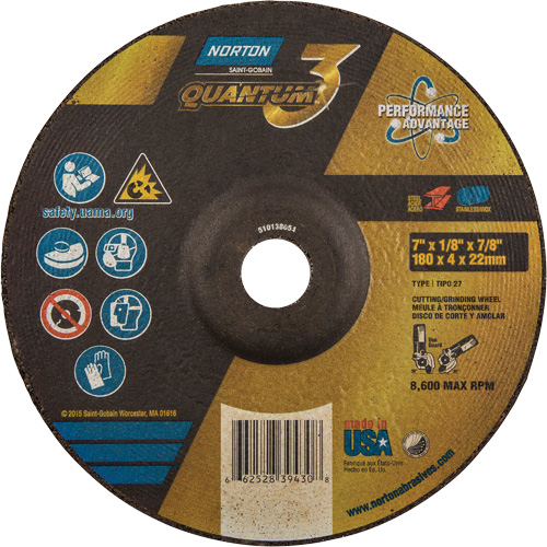 Quantum3 Grinding & Cutting Wheel, 7" x 1/8", 7/8" Arbor, Type 27, 24 Grit, Ceramic Alumina NTL Industrial