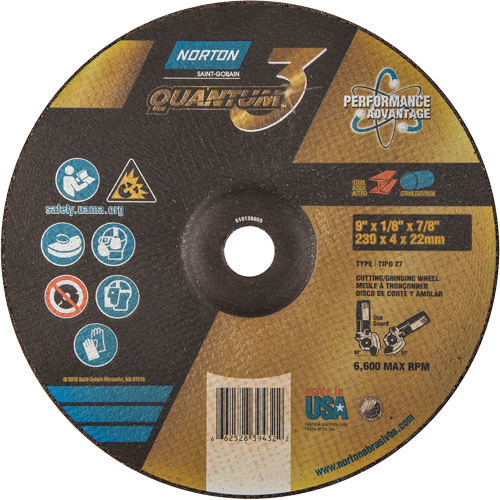 Disque de rectification et de tronçonnage Quantum3, 9" x 1/8", Arbre de 7/8", Type 27, Grain de 24, C&eacute;ramique d'alumine NTL Industrial