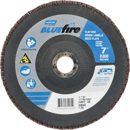 Disque &agrave; lamelle conique centr&eacute; BlueFire R884P/R884V/R860, 7" x 7/8", Type 29, Grain P36, Alumine de zirconium NTL Industrial