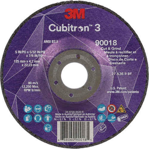 Meule &agrave; couper & tronçonner Cubitron 3, 5" x 5/32", Arbre de 7/8", Type T27, Grain de 36+, C&eacute;ramique NTL Industrial