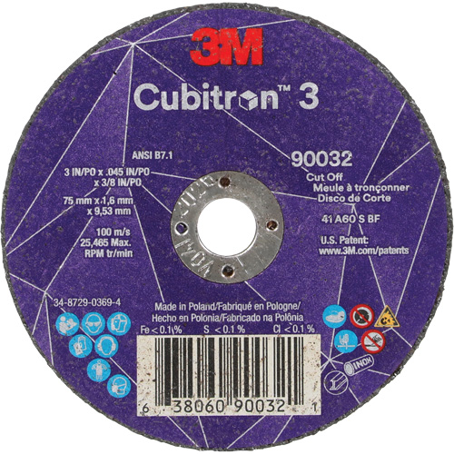 Cubitron 3 Cut-Off Wheel, 3" x 0.045", 3/8" Arbor, Type T1, Ceramic, 21000 RPM NTL Industrial