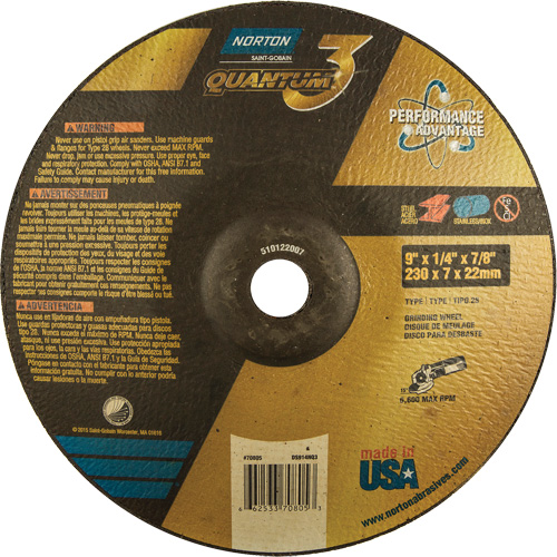 Quantum 3 SG Depressed Center Grinding Wheel, 9" x 1/4", 7/8" Arbor, Type 28, Ceramic, 6600 RPM NTL Industrial