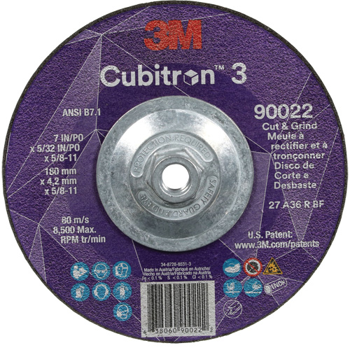 Meule &agrave; rectifier et &agrave; tronçonner Cubitron 3, 7" x 5/32", Arbre de 5/8"-11, Type 27, Grain de 36, C&eacute;ramique NTL Industrial