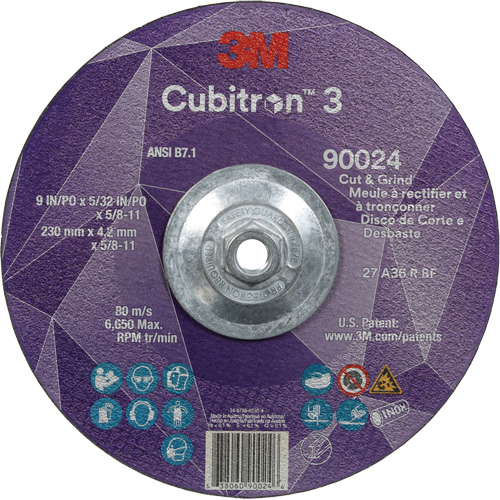 Meule &agrave; rectifier et &agrave; tronçonner Cubitron 3, 9" x 5/32", Arbre de 5/8"-11, Type 27, Grain de 36, C&eacute;ramique NTL Industrial