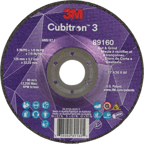 Cubitron 3 Cut and Grind Wheel, 5" x 1/8", 7/8" Arbor, Type 27, 36 Grit, Ceramic NTL Industrial