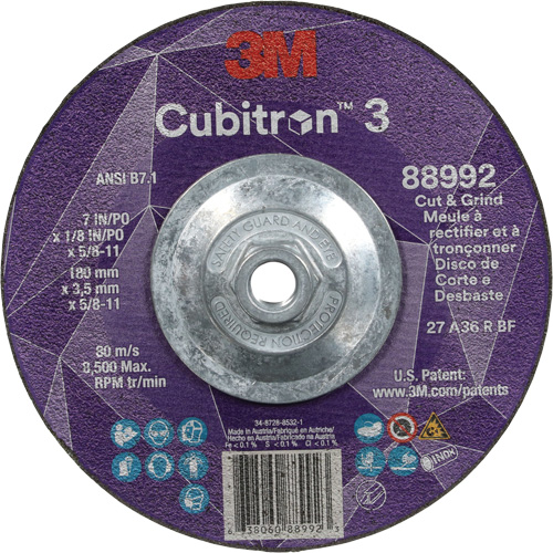 Cubitron 3 Cut and Grind Wheel, 7" x 1/8", 5/8"-11 Arbor, Type 27, 36 Grit, Ceramic NTL Industrial