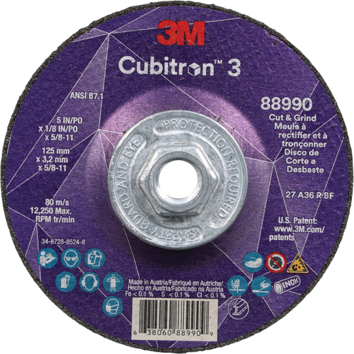 Cubitron 3 Cut and Grind Wheel, 5" x 1/8", 5/8"-11 Arbor, Type 27, 36 Grit, Ceramic NTL Industrial