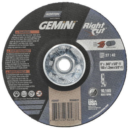 Meule &agrave; tronçonner pour coupe &agrave; angle droit RightCut Gemini, 6" x 0,045", Arbre de 5/8"-11, Type 27/42, Oxyde d'aluminium, 10185 Tr/min NTL Industrial
