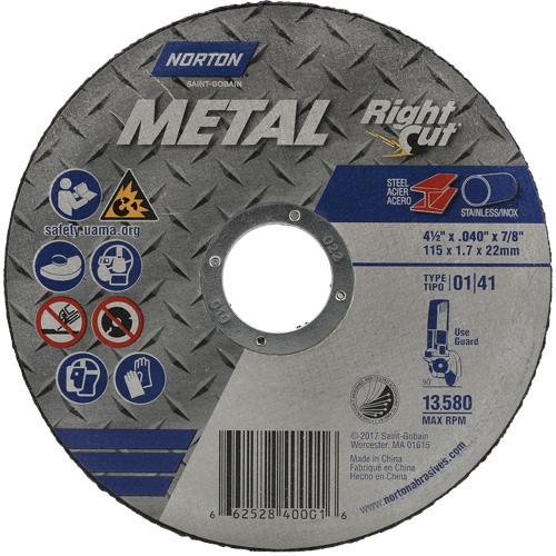 Meule &agrave; tronçonner m&eacute;tallique pour coupe &agrave; angle droit RightCut, 4-1/2" x 0,045", Arbre de 7/8", Type 01/41, Oxyde d'aluminium, 13580 Tr/min NTL Industrial