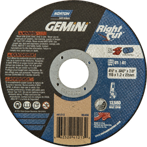 Meule &agrave; tronçonner pour coupe &agrave; angle droit RightCut Gemini, 4-1/2" x 0,045", Arbre de 7/8", Type 01/41, Oxyde d'aluminium, 13580 Tr/min NTL Industrial