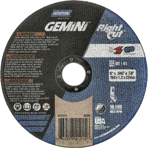 Gemini RightCut Right Angle Cut-Off Wheel, 6" x 0.045", 7/8" Arbor, Type 01/41, Aluminum Oxide, 10185 RPM NTL Industrial
