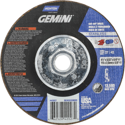 Meule &agrave; tronçonner pour coupe &agrave; angle droit INOX/SS Gemini, 4-1/2" x 3/32", Arbre de 5/8"-11, Type 27/42, Oxyde d'aluminium, 13580 Tr/min NTL Industrial