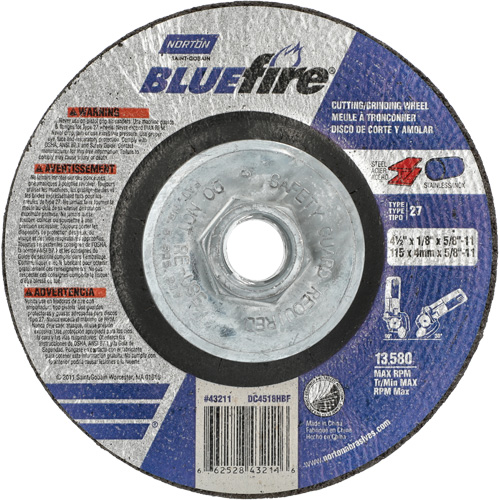 BlueFire Grinding & Cutting Wheel, 4-1/2" x 1/8", 5/8"-11 Arbor, Type 27, Zirconia Alumina NTL Industrial