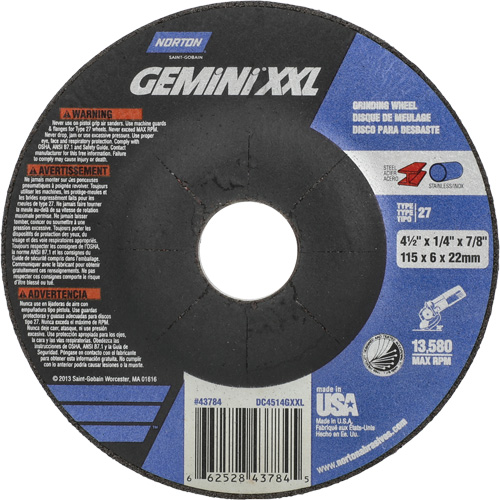 Gemini XXL Grinding Wheel, 4-1/2" x 1/4", 7/8" Arbor, Aluminum Oxide, Type 27 NTL Industrial
