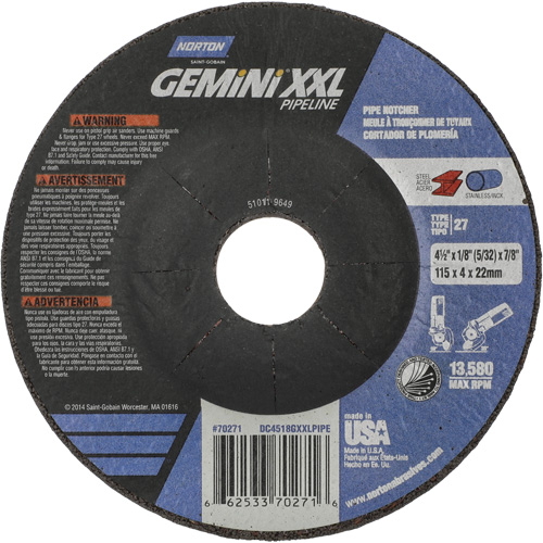 Disque combin&eacute; de meulage et tronçonnage Gemini XXL, 4-1/2" x 1/8", Arbre de 7/8", Type 27, Oxyde d'aluminium NTL Industrial