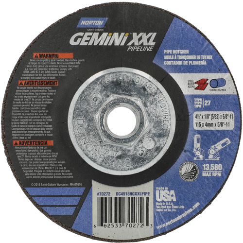 Disque combin&eacute; de meulage et tronçonnage Gemini XXL, 4-1/2" x 1/8", Arbre de 5/8"-11, Type 27, Oxyde d'aluminium NTL Industrial