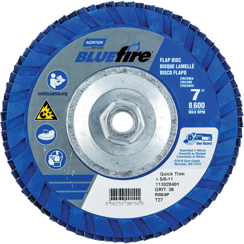 Disque &agrave; lamelles de densit&eacute; standard BlueFire, 7" x 5/8"-11, Type 27, Grain P36, Alumine de zirconium NTL Industrial