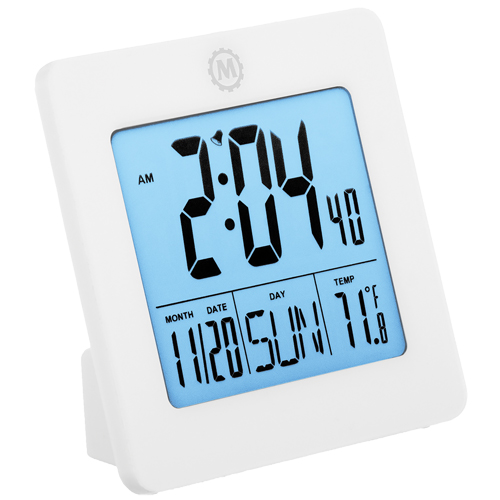 Desktop Clock, Digital, Battery Operated, 3.6" W x 1.5" D x 3.6" H, White NTL Industrial