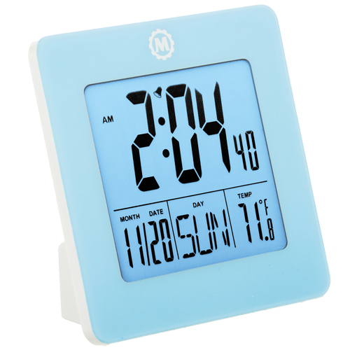 Desktop Clock, Digital, Battery Operated, 3.6" W x 1.5" D x 3.6" H, Blue NTL Industrial
