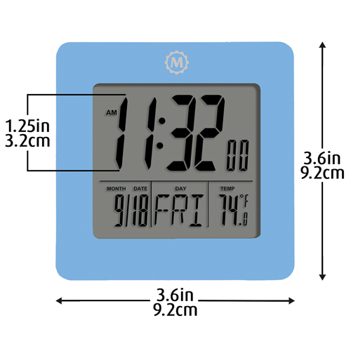Desktop Clock, Digital, Battery Operated, 3.6" W x 1.5" D x 3.6" H, Blue NTL Industrial