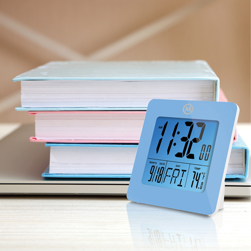 Desktop Clock, Digital, Battery Operated, 3.6" W x 1.5" D x 3.6" H, Blue NTL Industrial