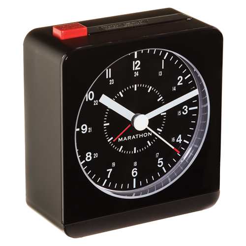 Desk Alarm Clock, Analog, Battery Operated, 3.5" W x 1.5" D x 3.75" H, Black NTL Industrial
