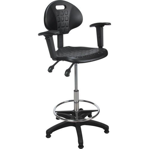Tabouret ergonomique robuste avec accoudoirs r&eacute;glables, Stationnaire, Ajustable, 39" - 48", Polyur&eacute;thane Si&egrave;ge, Noir NTL Industrial