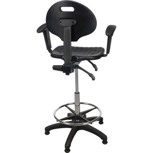Tabouret ergonomique robuste avec accoudoirs r&eacute;glables, Stationnaire, Ajustable, 39" - 48", Polyur&eacute;thane Si&egrave;ge, Noir NTL Industrial